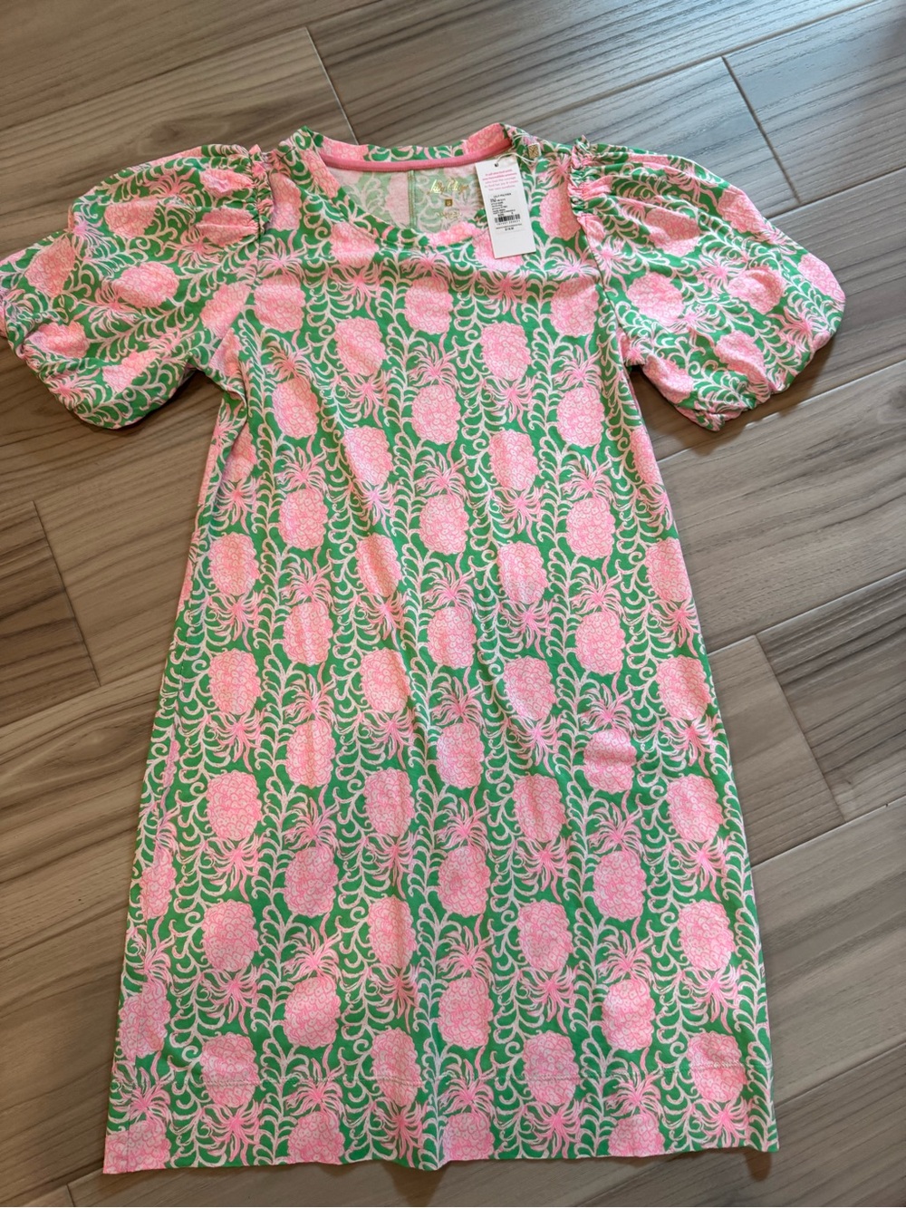 Pink Pineapple Print Puff-Sleeve Dress NWT
